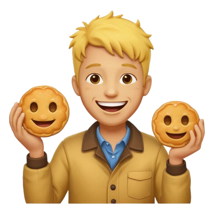 yellow laughing holding round fritters in his hand sticker
