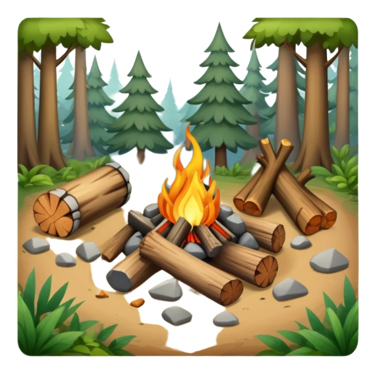 bushcraft campfire with stones, logs for sitting, in forest setting sticker