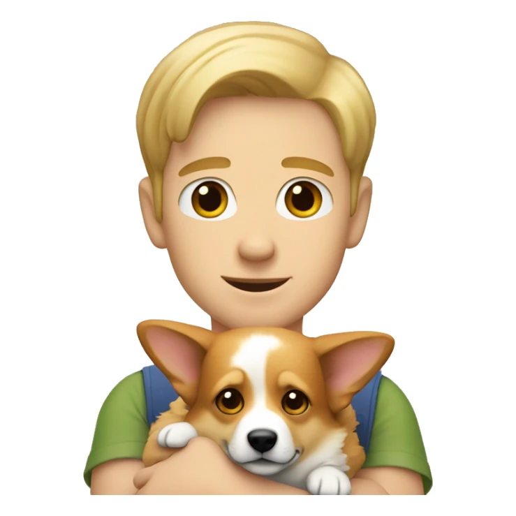 a young man with blond hair holding a corgi in his arms sticker