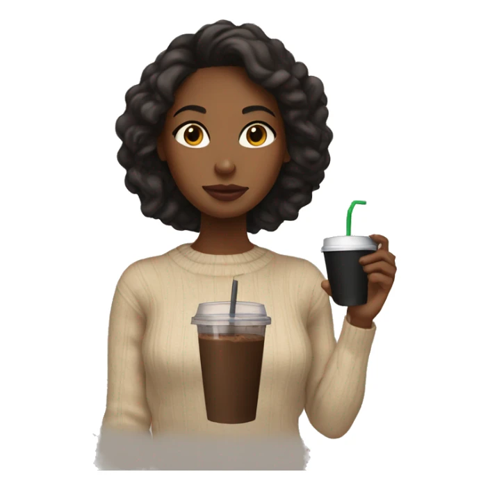 Brown skinned girl drinking black iced coffee wearing a beige sweater sticker