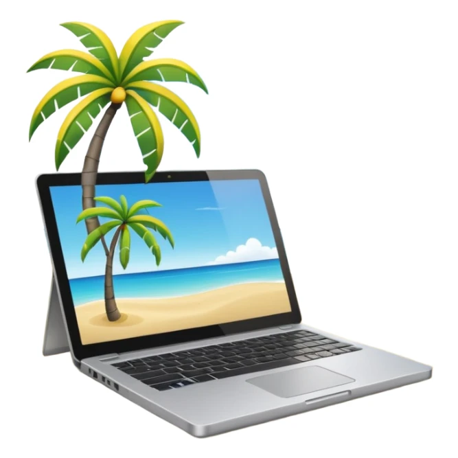 A minimalist emoji-style icon representing workation: An open laptop in the foreground on the beach. Background shows sea, sun, and a palm tree. No people, no text, clean and simple design like an emoji. sticker