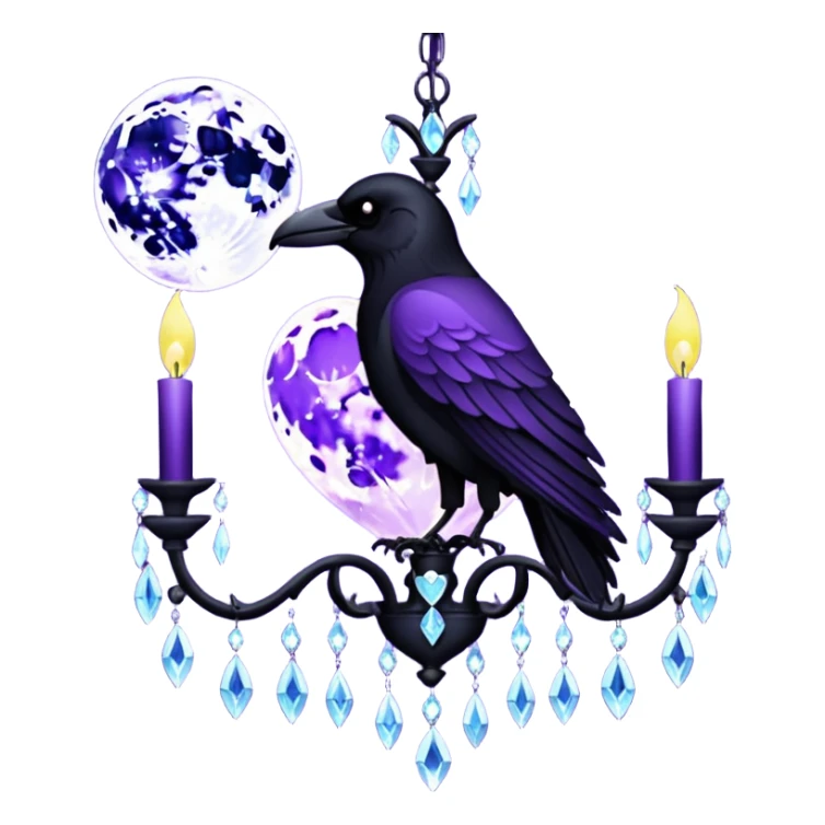 purple heart with a black raven, moon, and chandelier, dark romance sticker