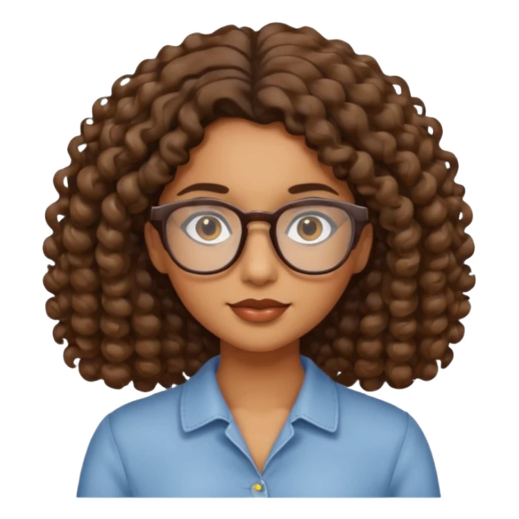 brown girl with wavy curly shoulder length hair. glasses, sticker