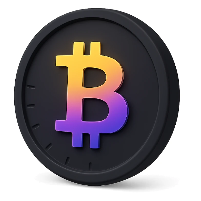 3D black style Bitcoin coin with a yellow, orange, purple, and violet gradient sticker