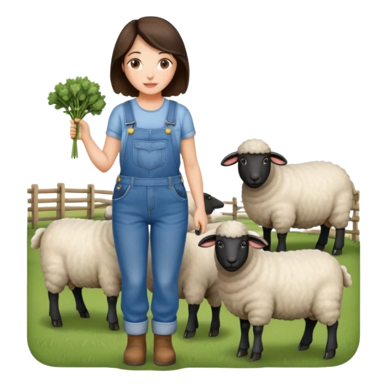 brunette woman wearing overalls, and farming sheep sticker