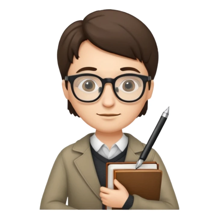writer holding pen and book, wearing glasses sticker