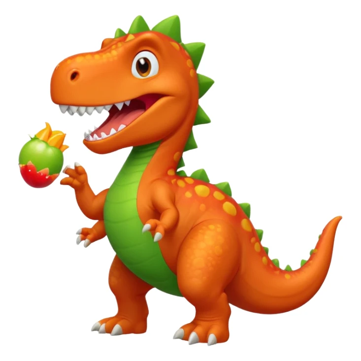 cheerful orange and red dinosaur mascot Gulpee from Planet Coaster, wearing a green t-shirt, big smile, energetic pose sticker