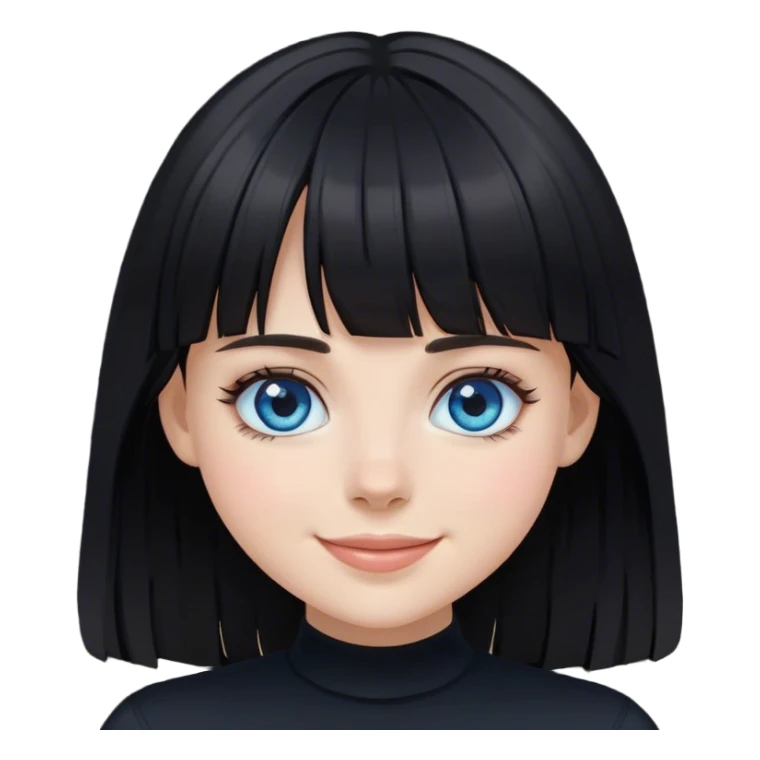 Girl smiling wearing black with black medium length hair with bangs and blue eyes sticker