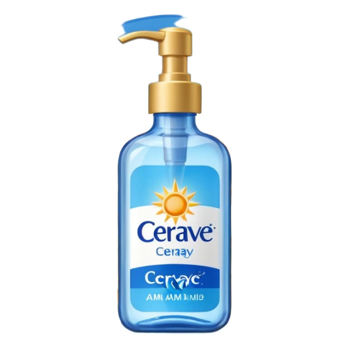 White CeraVe bottle with blue label and yellow “AM” badge, topped with a pump. Surrounded by radiant sun sparkles, soft UV-deflecting light rings, and a blue protective glow. Feels like a daytime skin shield potion in a sleek, glossy bottle. sticker