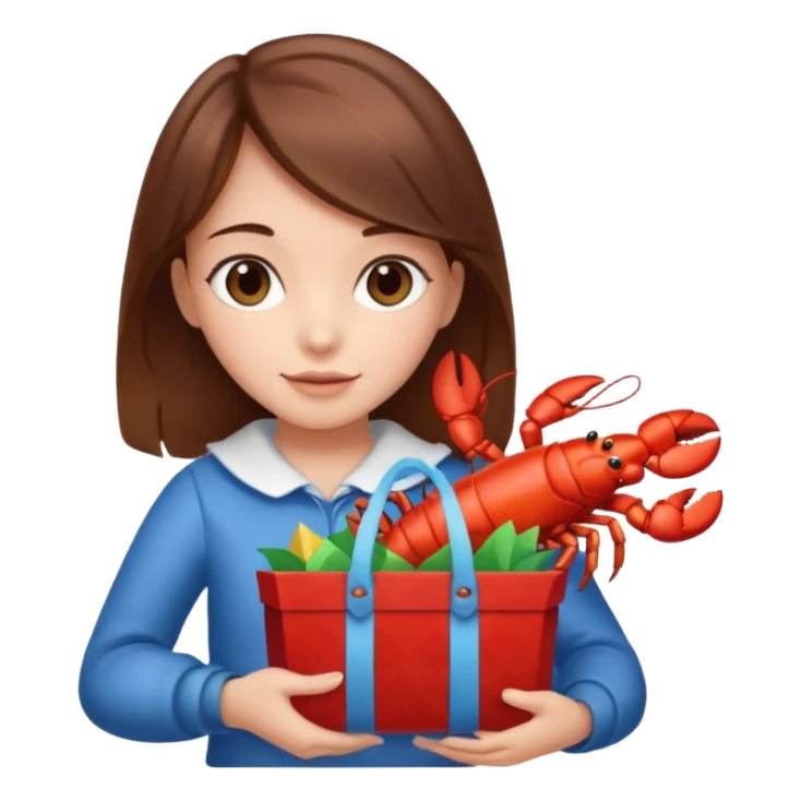 Cute girl brown hair holding gift bag with lobster inside sticker