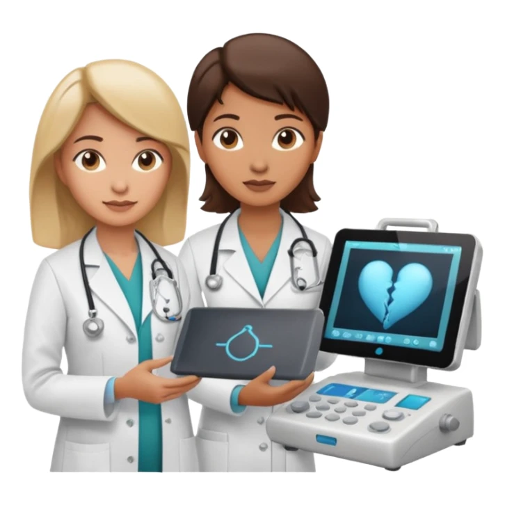 female doctor and ultrasound technician adjusting knobs on an ultrasound machine sticker