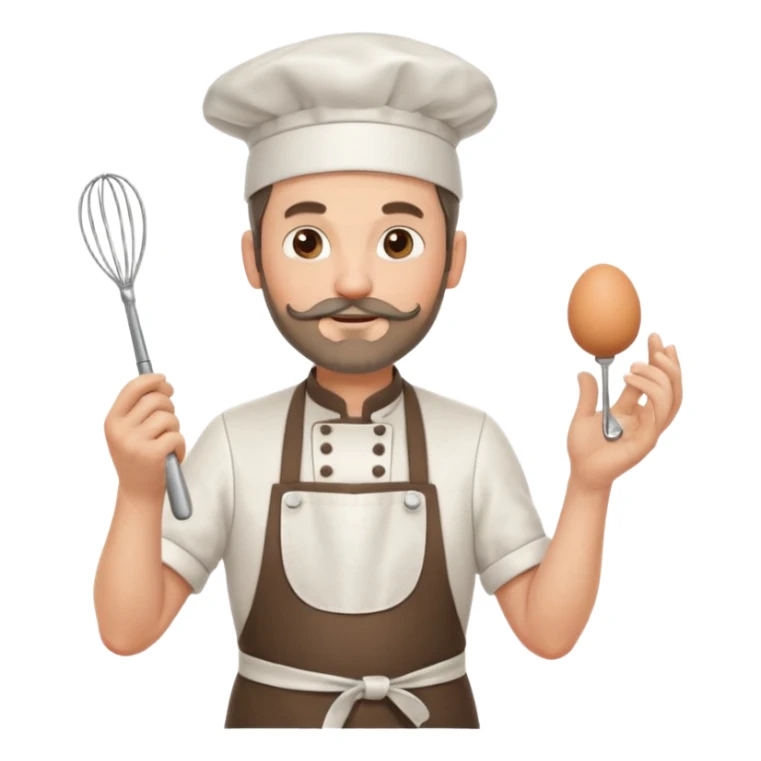 Middle aged male pastry chef - with a small beard, apron, white hat, holding an egg beater in his right hand, and his left hand naturally hanging down to his side sticker