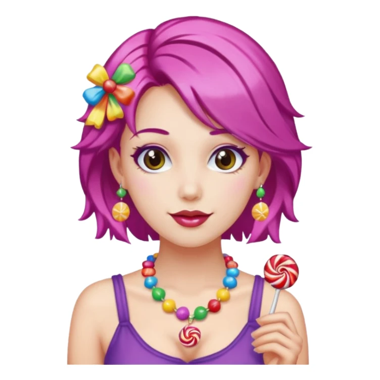 colorful hair woman with candy accessories, not holding a candy sticker