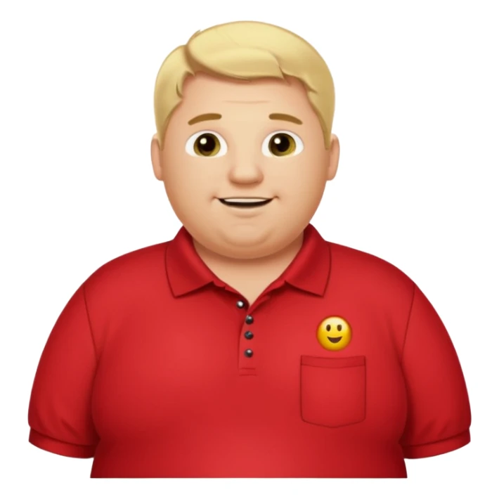 Fat blonde man missing front teeth in red polo and black pants with a text bubble saying hi I’m Preston the alignment tech  sticker