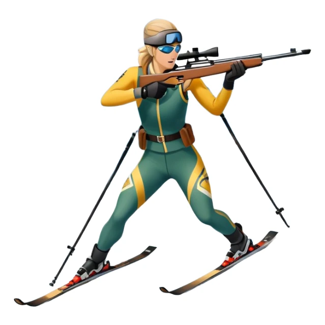 An icon featuring snow-covered trees, distant mountains, and a clear blue sky with a biathlete in motion, holding a rifle and skiing across a snowy course. Transparent background highlights the precision, endurance, and excitement of biathlon. sticker