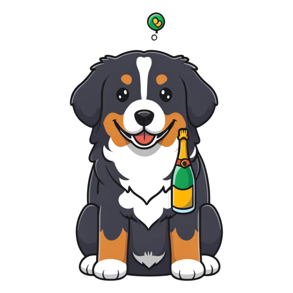 bernese mountain dog with a toy champagne bottle in its mouth sticker