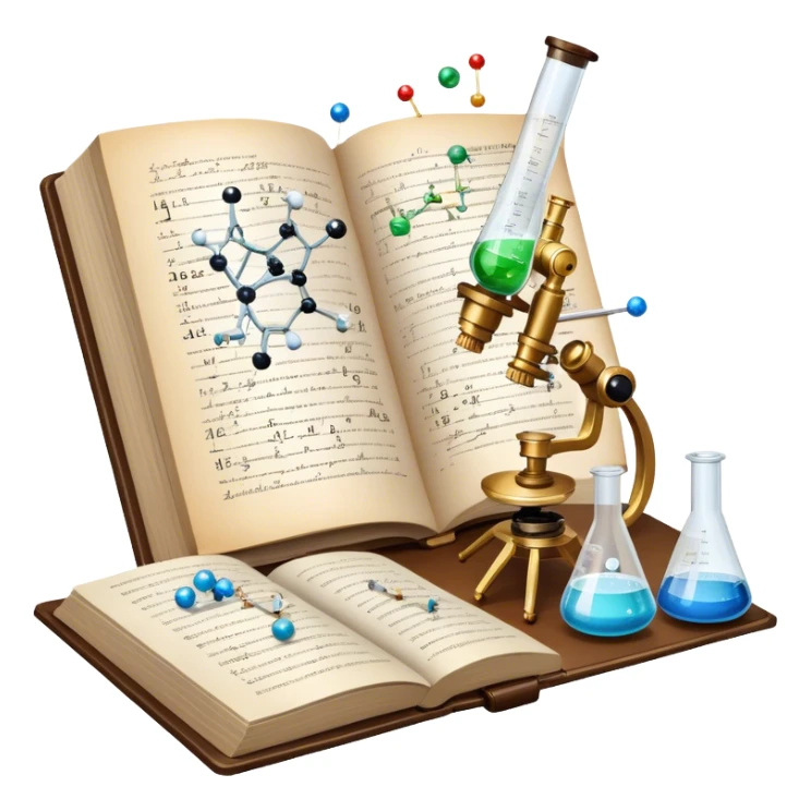 Icon for Scientific and Educational Reading: an open book with mathematical and physical formulas on the pages, with molecules and atoms flying out. On the desk are test tubes, flasks, and a microscope. Transparent background. sticker