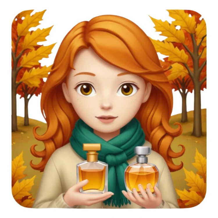 Ginger girl , cute, perfume in her hand, in autumn  sticker