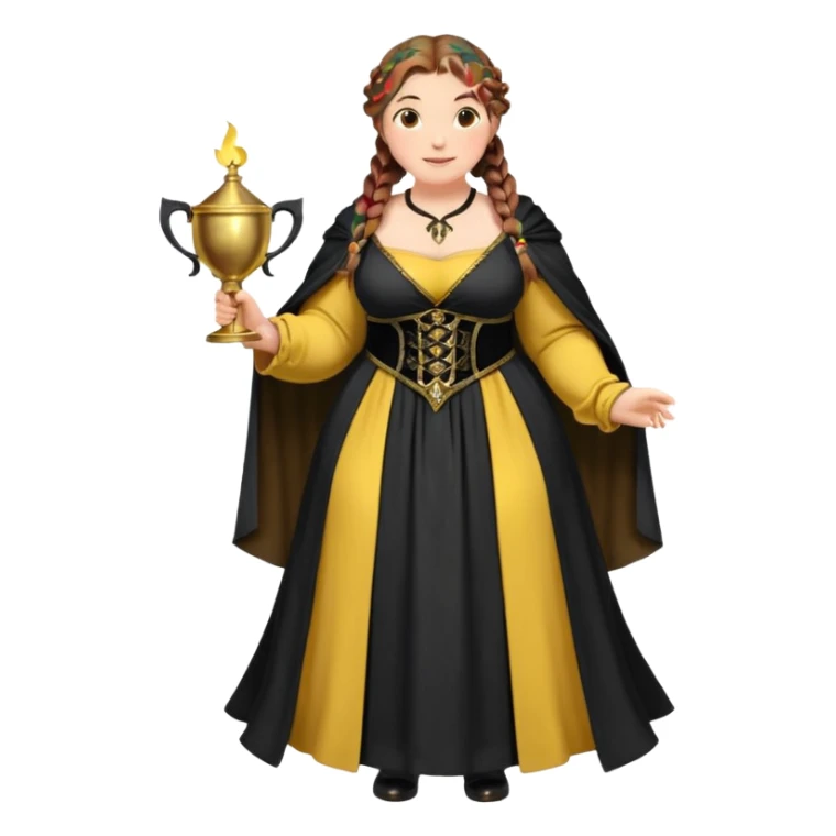 Helga Hufflepuff,brown-haired,2 braids,yellow-black medieval open dress,deep neckline,fat macromastia,black cloak decorated with gold braiding,gold cup with two handles,wand,very kind smile,curvy busty sweet woman,round rosy cheeks,full length with medieval shoes sticker