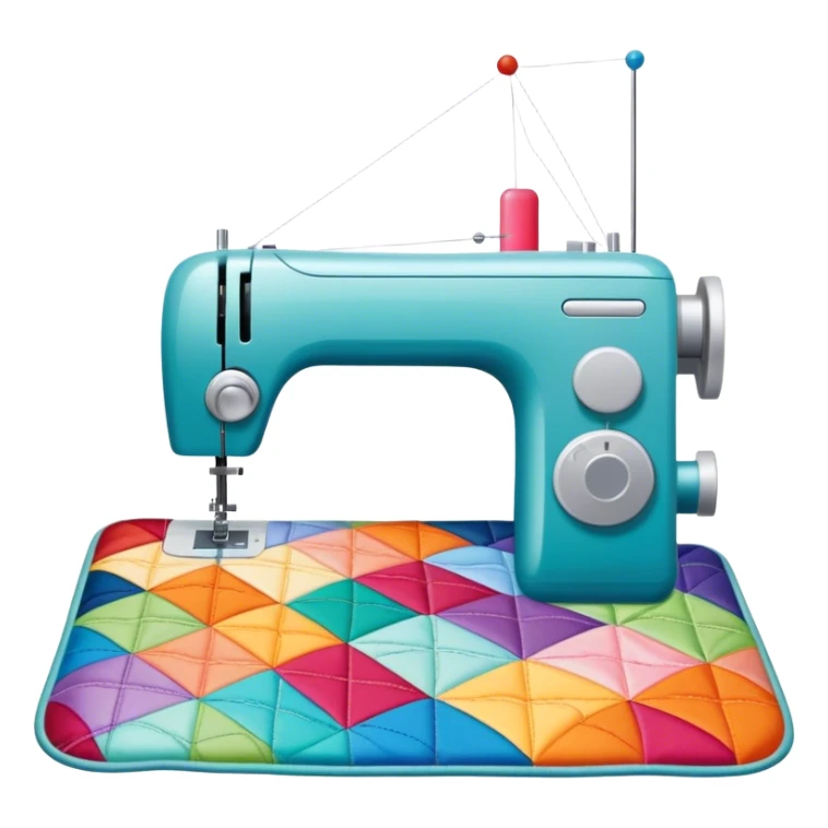 Patchwork and quilting icon, colorful fabric patches sewn together in a quilt pattern, sewing needle and thread, quilting tools like rotary cutter and quilting hoop, minimalistic style, clean lines, transparent background. sticker