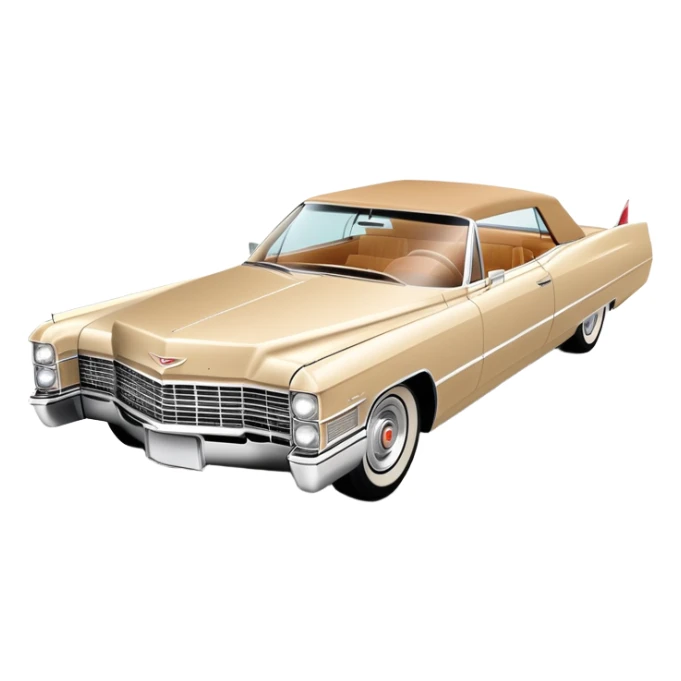 Ultra-minimalist beige 1966 Cadillac DeVille, very simplified shapes, clean 30-degree perspective, only essential details, basic geometric representation, Once Upon a Hollywood car, iOS emoji style sticker
