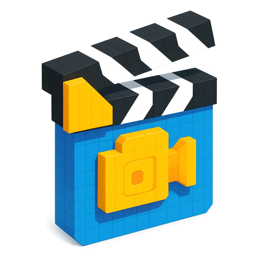 voxel style movie clapperboard with a camera icon, isometric view sticker