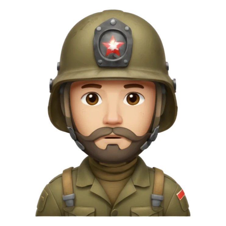 a very tired soldier in a helmet, helmet without insignia, with a beard sticker