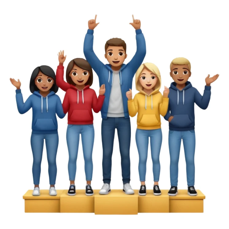 multi-racial men and women standing on a winners’ podium with the middle podium position elevated, no numbers on the podium, each person casually dressed in fun clothing like jeans and hoodies, very excited, fun, expressive emoji style sticker