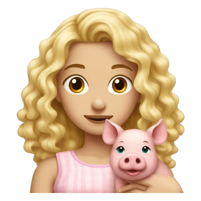 pretty long curly blonde girl holding a pig sticker