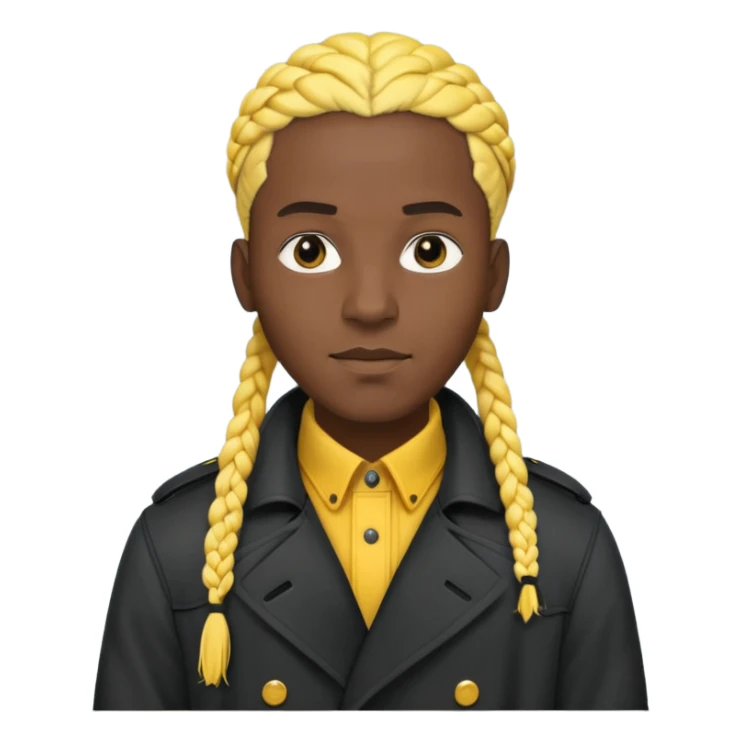 black fat man with yellow braids wearing a black trench coat, working coat check sticker