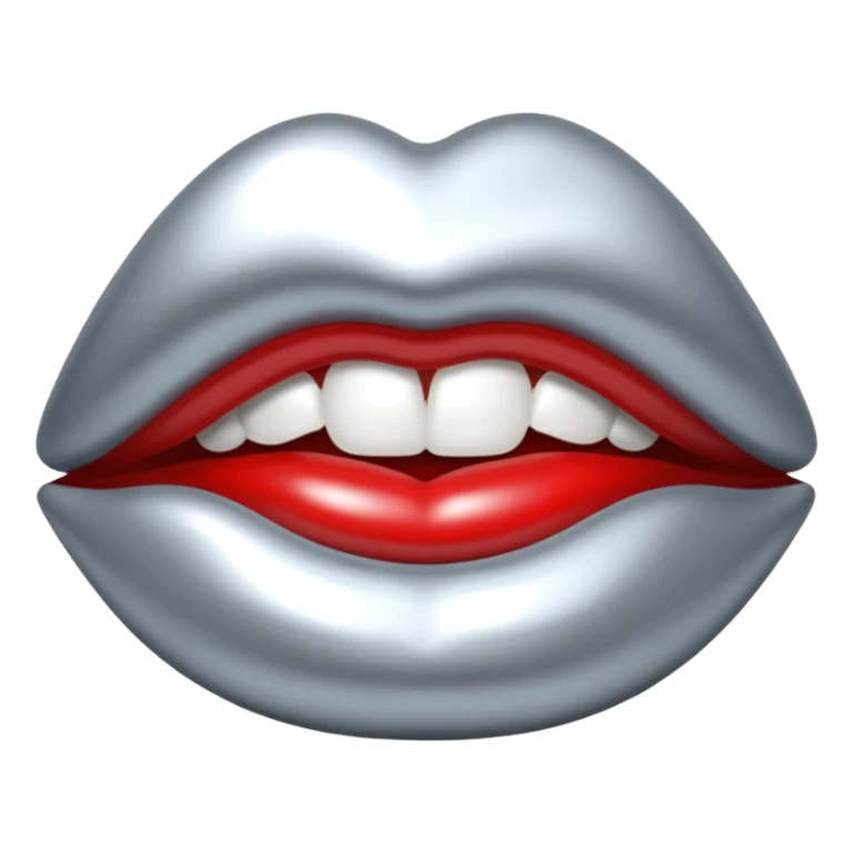 Chrome silver lips emoji, glossy metallic texture, iOS emoji style, smooth reflections, bold but minimal design, centered sticker
