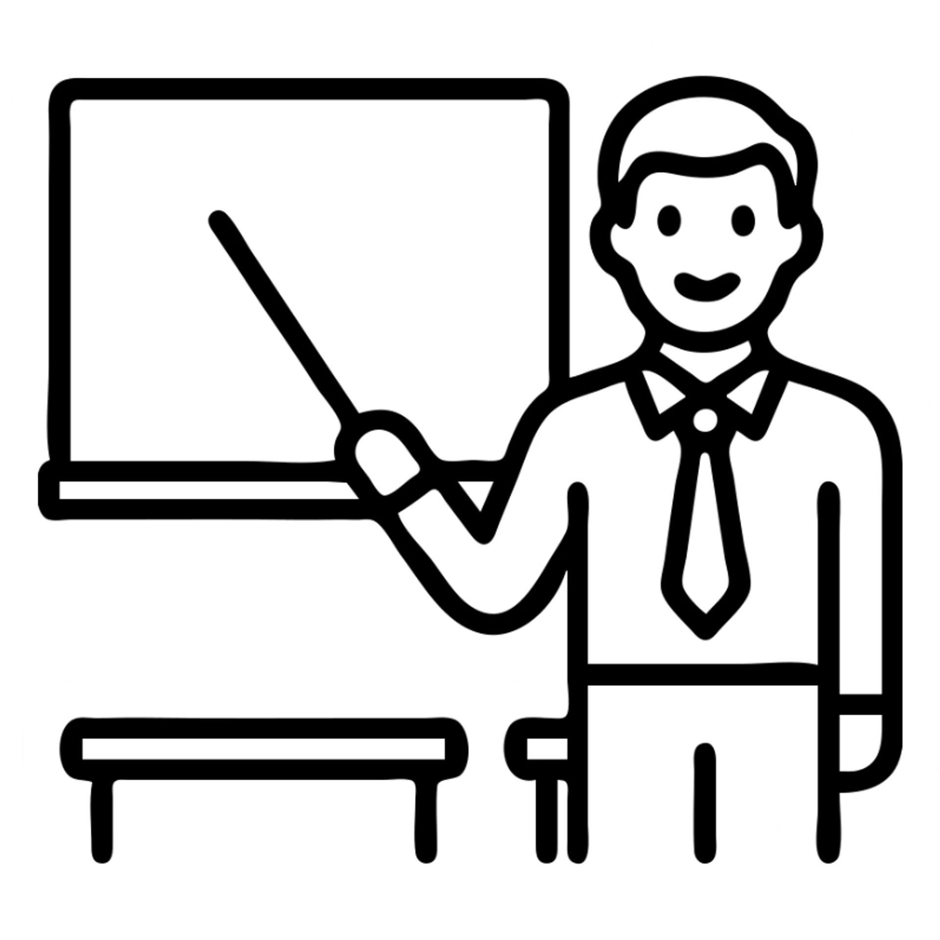 male teacher standing in front of a white board, professional attire, friendly expression, classroom setting, icon style sticker