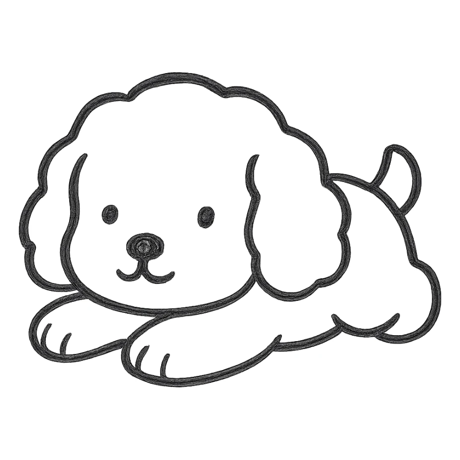 Create a sticker of a cute dog character lying on its belly, using only black outline with no white outline, on a white background, maintaining the original hand drawn style with no fill and no color. sticker