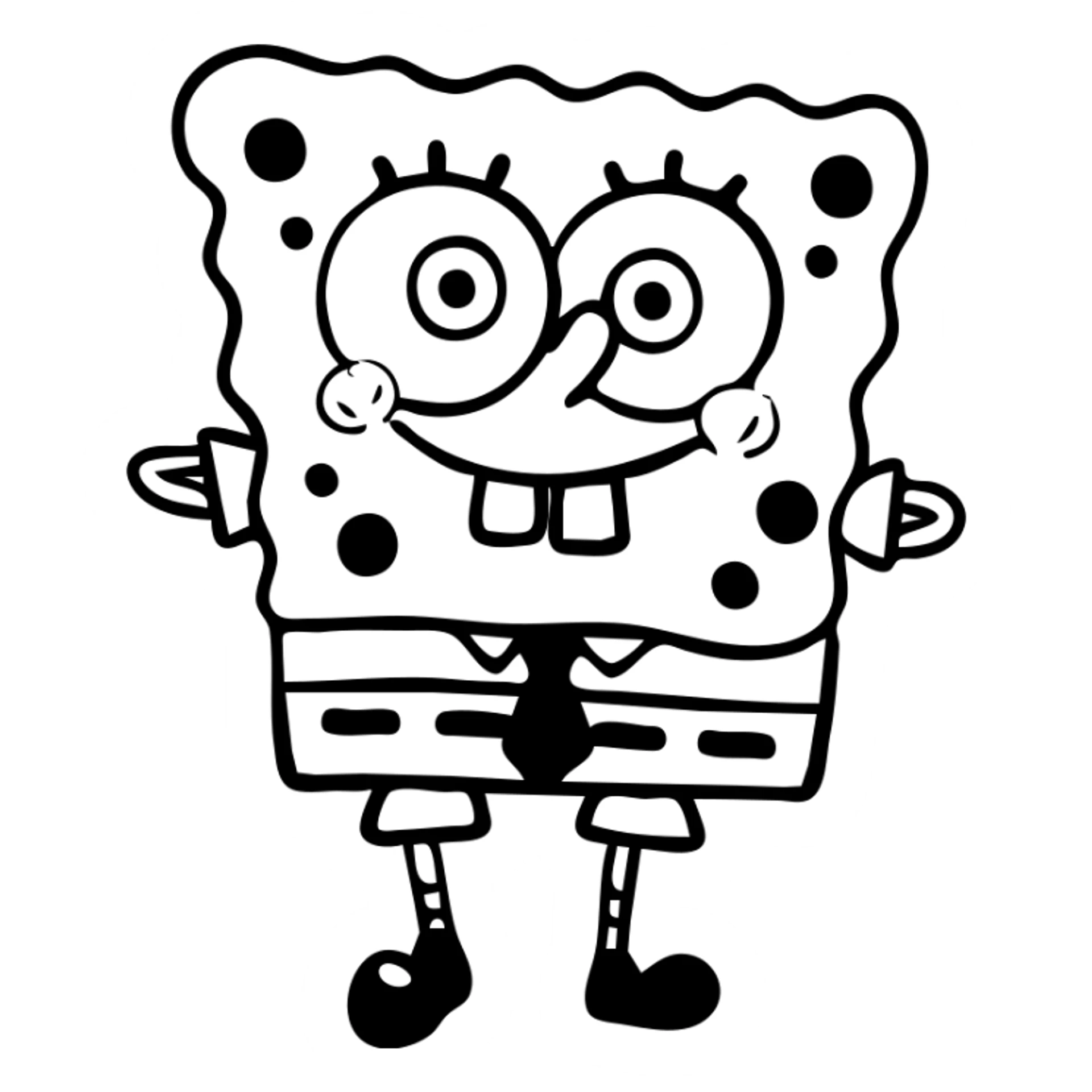 SpongeBob SquarePants, yellow square sponge character with big eyes, gap-toothed smile, wearing brown square pants, white shirt with red tie sticker