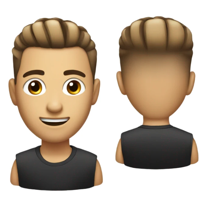 Hair: Modern style with shaved sides and a more voluminous top, combed to one side.  
Shiny black color with highlights.  

Face: Large, expressive eyes in a rounded shape, with brown tones and white reflections that convey brightness and liveliness. sticker