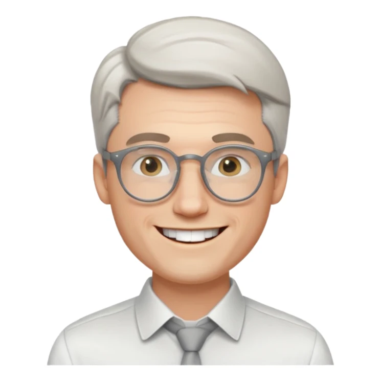 30 yr old pale white man, white/grey side swept stylish hair, round glasses, big smile, white teeth, handsome, longer hair, thin glasses, white dress shirt sticker