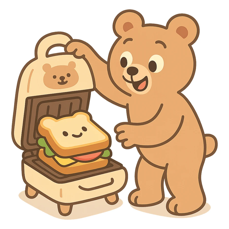 soft fluffy bear sandwich maker opening with a cute sandwich inside, soft pastel creamy brown, full-body sticker