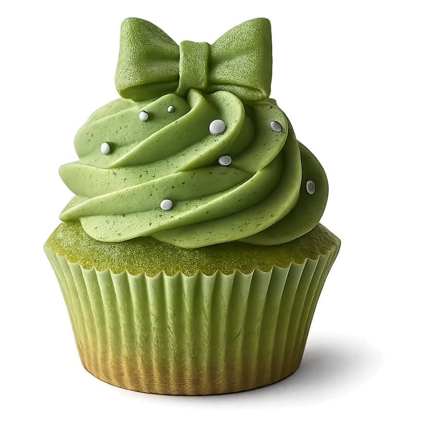 Change the icing to matcha (green tea) flavor, keep the realistic cupcake and accessories, photorealistic style, transparent background. sticker