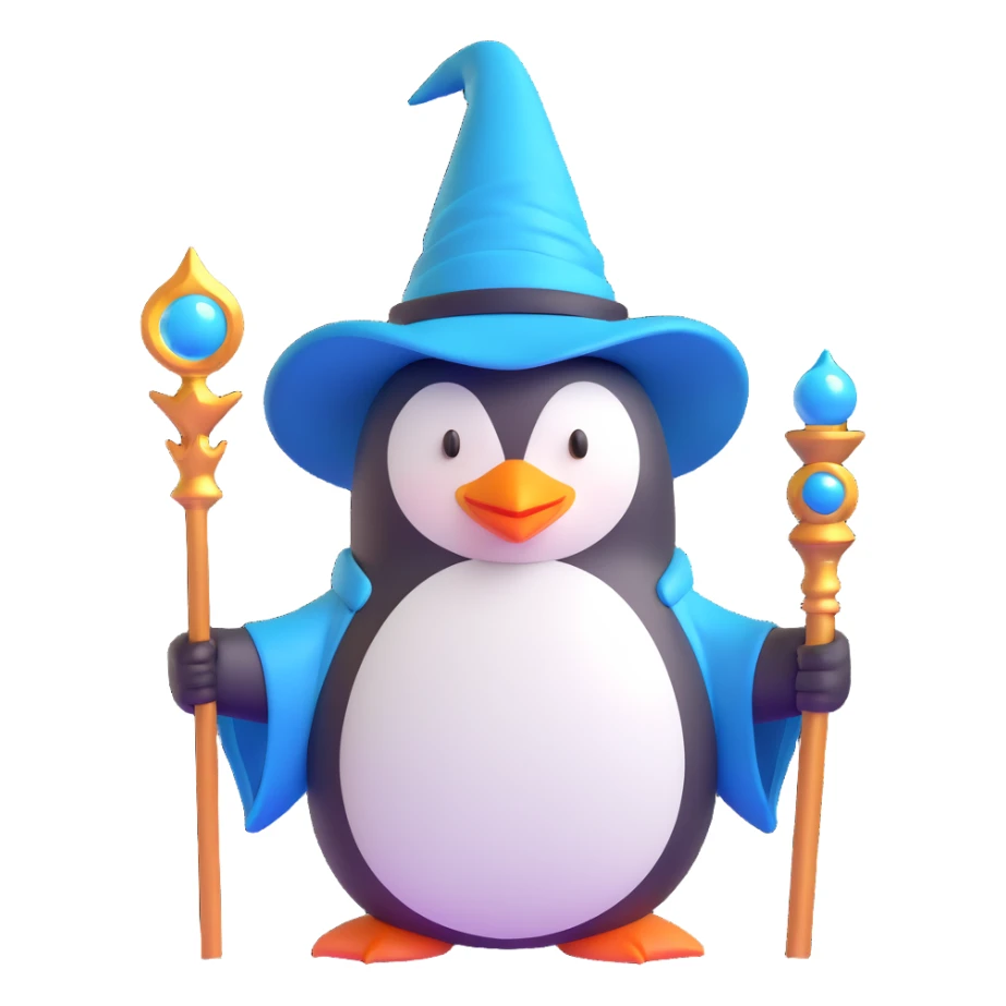 penguin wizard wearing a pointed hat and holding a magic staff in 3D style sticker