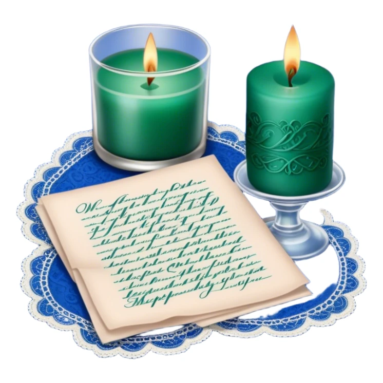 A nostalgic love letter with deep green handwriting, resting on lace fabric next to a glass candle in a royal blue hue. sticker