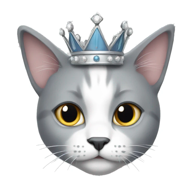 Grey and white cat wearing a crown sticker