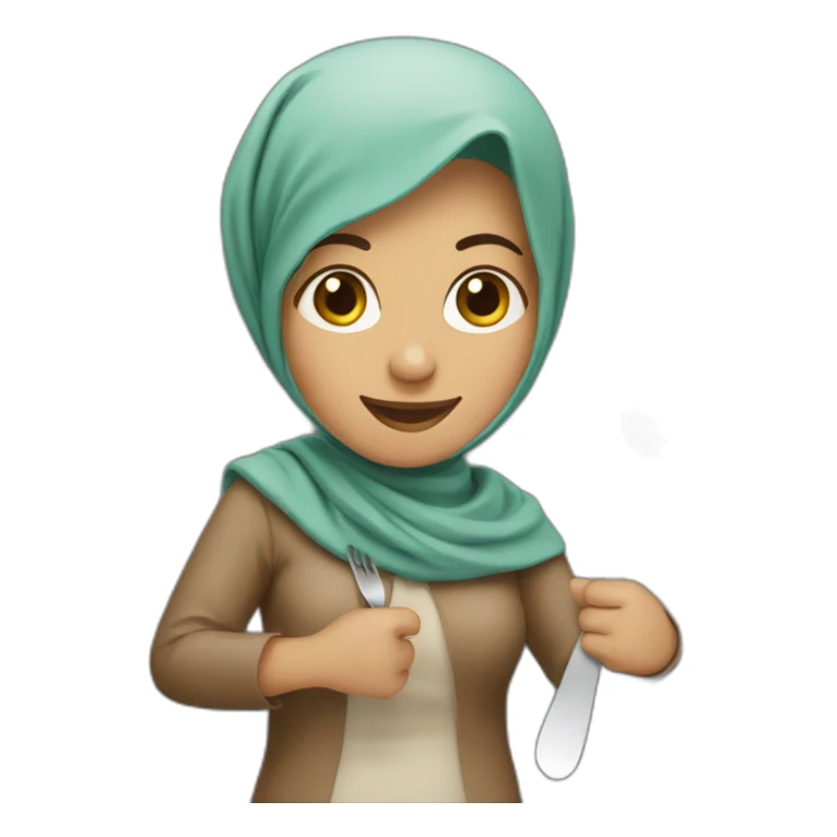 A Pakistani/brown mum with a headscarf holding a fork and spoon with two hands with a smile sticker