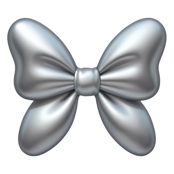 A cute bow emoji made of polished silver chrome, smooth rounded loops, glossy metallic surface, soft mirror reflections, subtle highlights, minimal and adorable proportions, iOS emoji style, centered composition, clean white background, soft studio lighting, no text, no outline, ultra high quality sticker