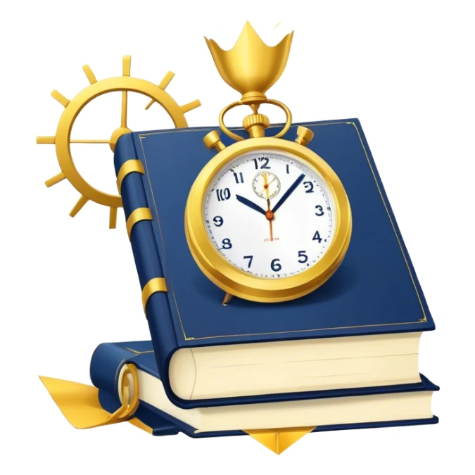 A navy blue productivity book with gold details, running clock and chart with upward trend aura, radiating productivity, strategy, and success in motion with time and happiness yellow sticker
