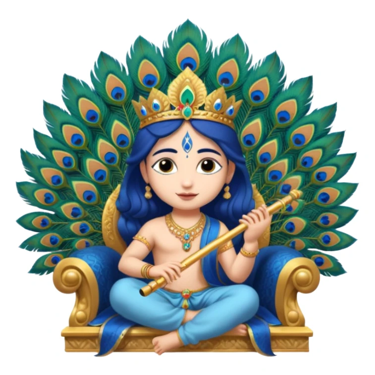 Sri Krishna cute face, wearing a throne and fixed a peacock feather on the throne and play a flute. sticker