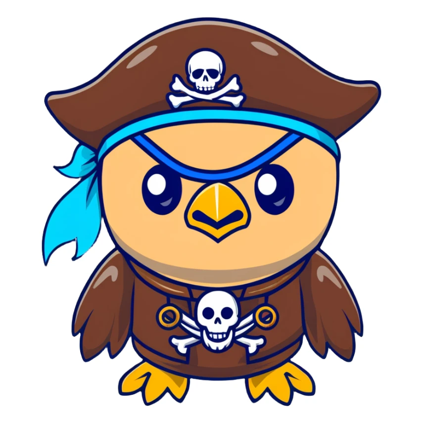 Pirate character with Kazakhstan flag colors and elements, eye patch, pirate hat with Kazakhstan eagle symbol sticker