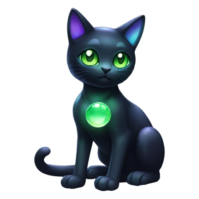 Shiny, Sparkly, Black Dark-type--Psychic-Ice-type-Fakémon-Alien-Cat Blind Purple eyes, green gem, full body sticker