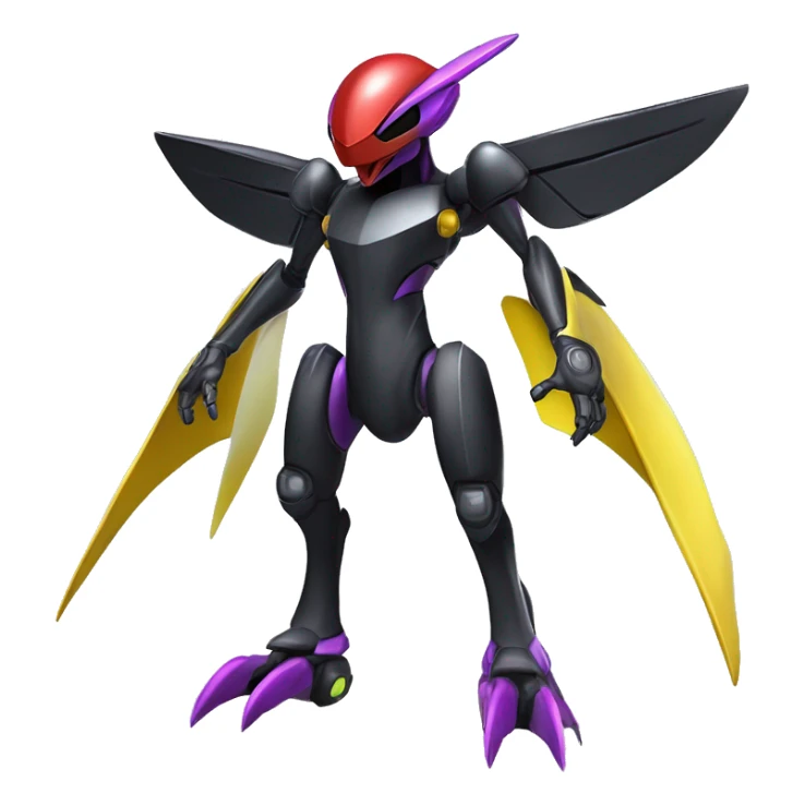 a shiny metallic black-purple-red-yellow Genesect-Flygon-Raptor-Fakémon-Medabot-hybrid with a futuristic visor-helmet full body sticker