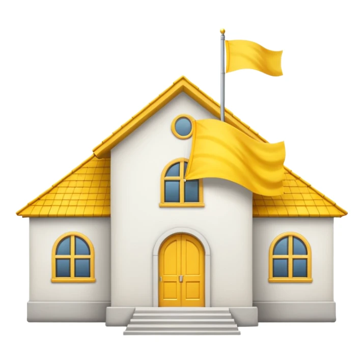 white background, magic school, with a big flag, big flag on a roof, big yellow flag, white school sticker