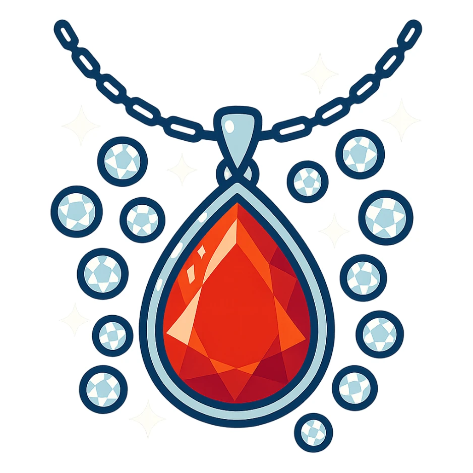 A fiery red teardrop ruby pendant suspended in a delicate silver chain, surrounded by glistening white stones sticker
